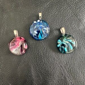 Artisan made - set of 3.  Elegant Glass Pendant Necklace Set - Blue, Pink, Green